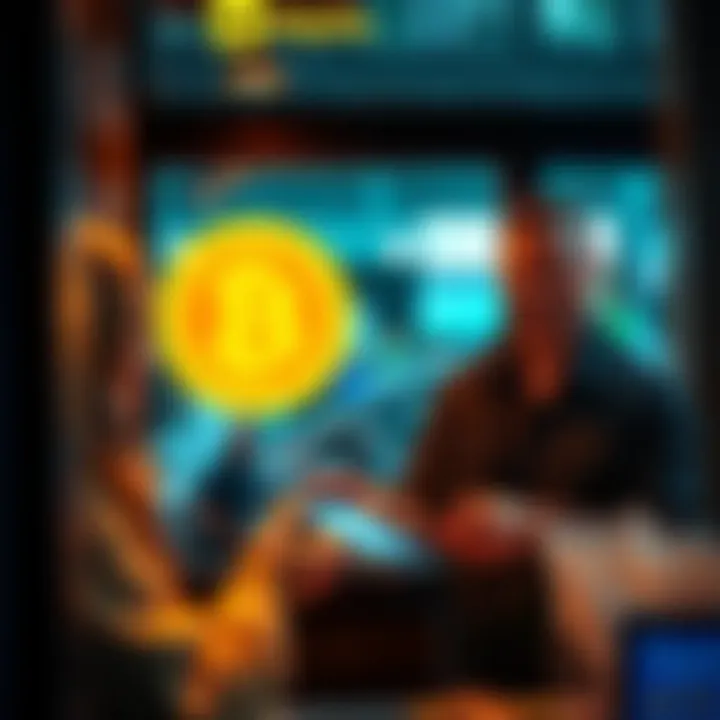 A small business owner happily accepting Bitcoin payments through Square's system, with a visible Bitcoin symbol and payment screen, showcasing the ease of cryptocurrency transactions.