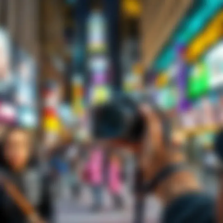 A photographer capturing a square image of a vibrant city scene with buildings and people around.