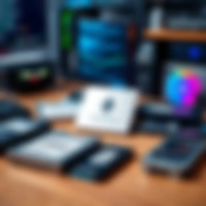 A selection of SSD drives of various types, including NVMe and budget models, displayed on a desk with a computer setup in background