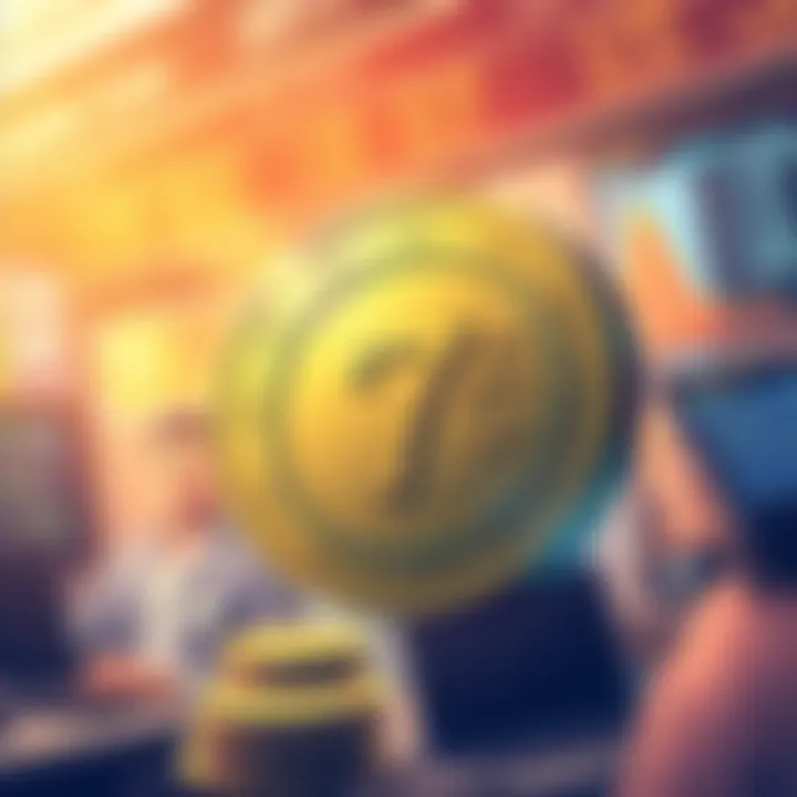 Illustration depicting a stable coin decreasing in value, showing a price tag of 7 cents, with traders concerned in the background.