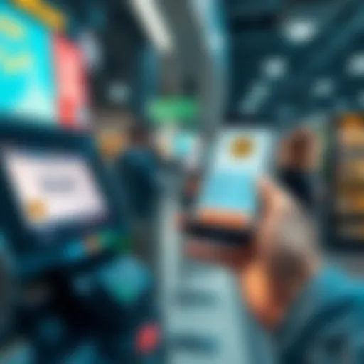 A person holding a smartphone displaying a stablecoin wallet, ready to make a payment at a checkout machine