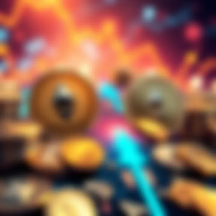 Illustration showing Ethereum coins and stablecoin symbols with arrows indicating supply change and rising prices