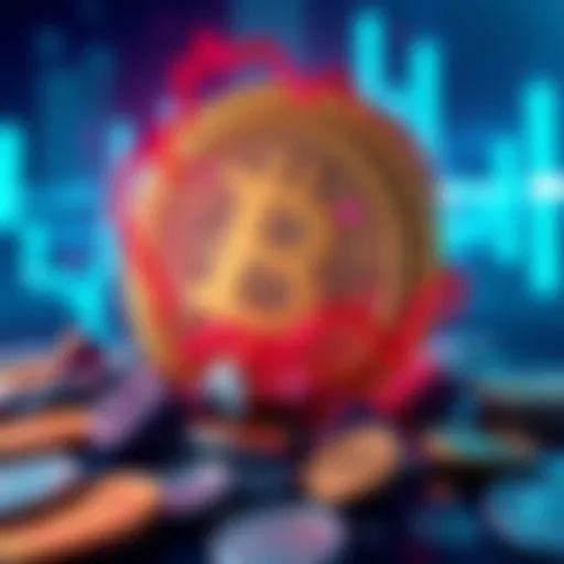 Illustration of a collapsing stablecoin symbol with a background showing financial turmoil and currency symbols.