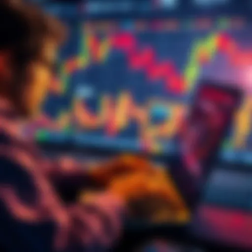 A person checking stablecoin yield rates on a laptop, with financial charts in the background.