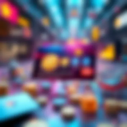 A digital payment card displaying stablecoin logos, surrounded by global currency symbols and shopping icons, illustrating the connection between stablecoins and traditional markets.