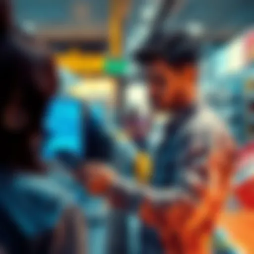 A person at a checkout counter trying to pay with a stablecoin on their phone while looking frustrated due to high fees displayed on a screen.