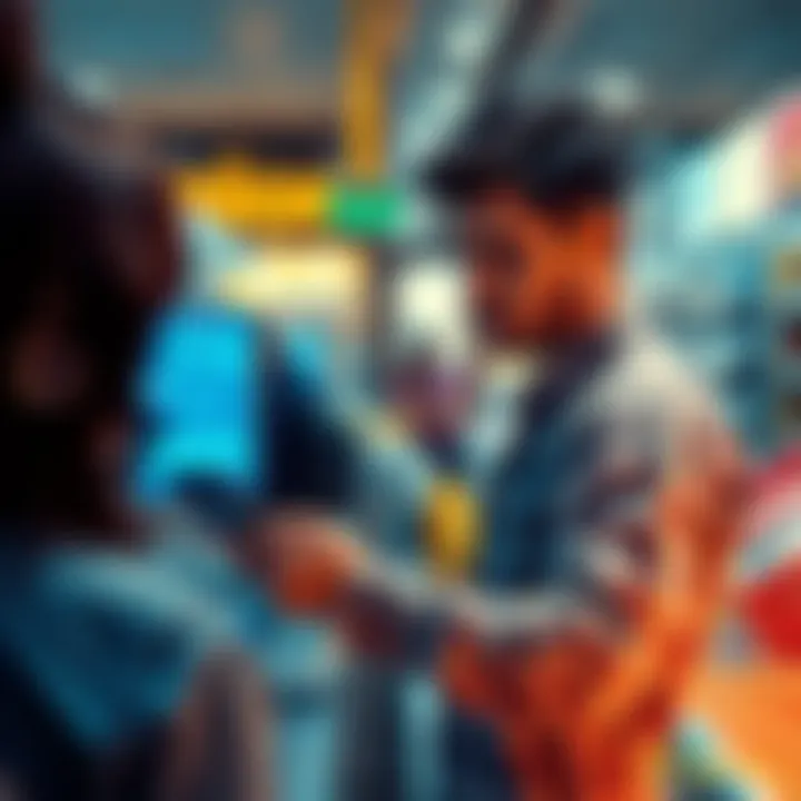 A person at a checkout counter trying to pay with a stablecoin on their phone while looking frustrated due to high fees displayed on a screen.
