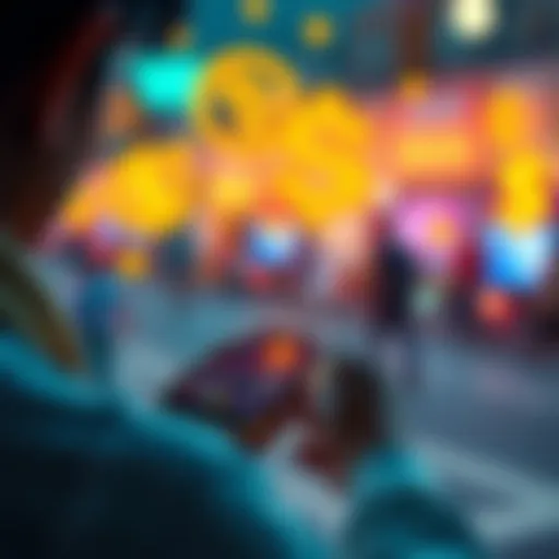 A person using a smartphone to manage stablecoin transactions with digital currency symbols in the background.