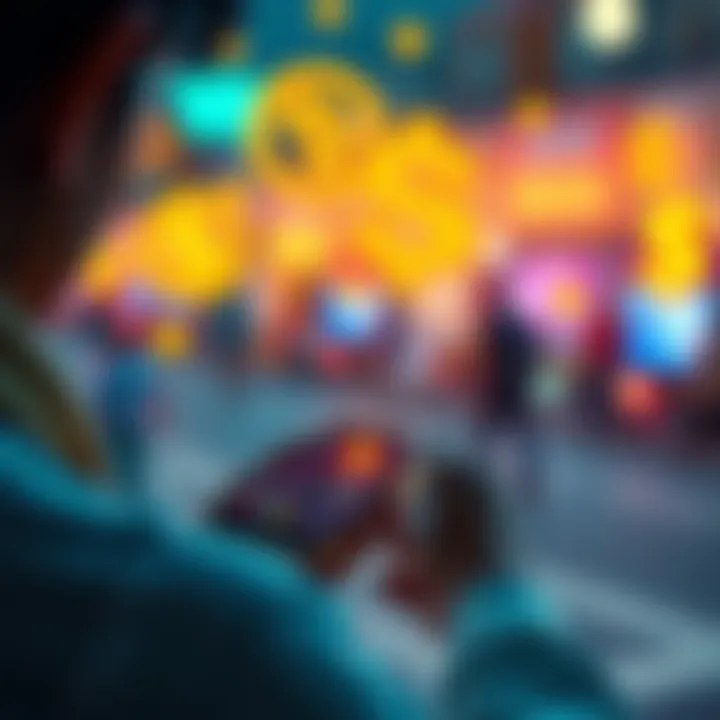 A person using a smartphone to manage stablecoin transactions with digital currency symbols in the background.