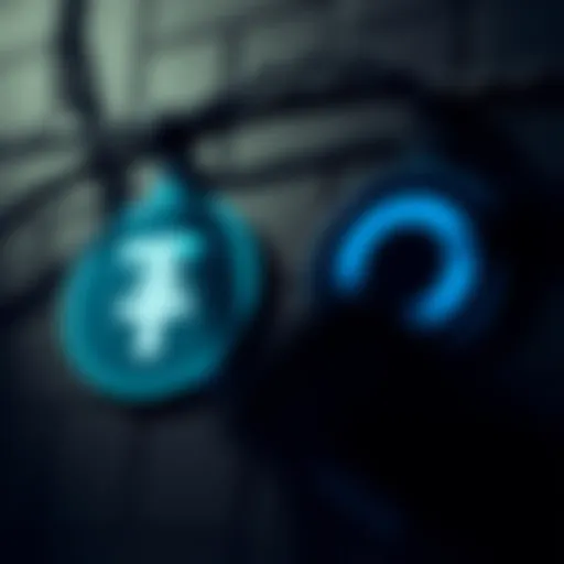 A graphic showing Tether and Circle logos with dark shadows representing illicit activities