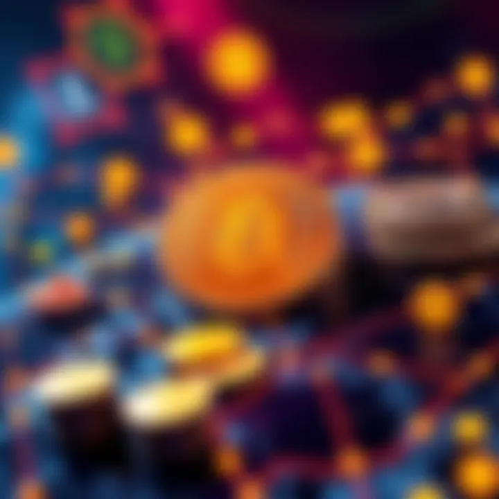A graphic showing stablecoins symbolized by coins surrounded by icons representing lending, borrowing, and global transactions.