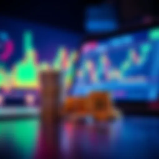 A stack of coins labeled as stablecoins next to a digital screen showing financial graphs