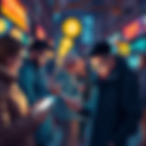 A group of people engaged in digital transactions using stablecoins on their mobile devices, illustrating everyday payment scenarios.