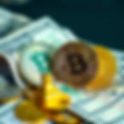 A visual representation of stablecoins symbolized by digital coins next to US dollar bills, highlighting the relationship between them in the crypto market.