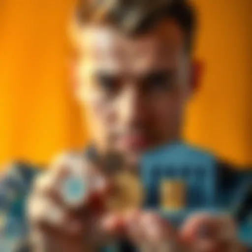 A person comparing stablecoins and bank savings, showing coins and a bank building side by side