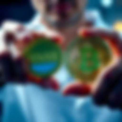 A person holding two coins labeled 'Stablecoin' and 'Bitcoin', pondering the tax implications of using them for everyday purchases.