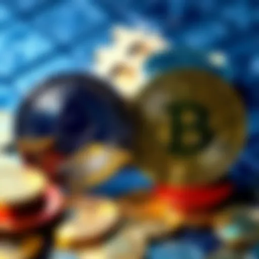 Stablecoins and ETH Comparison A graphic showing stablecoins and ETH coins side by side, highlighting their use for spending and investment, with currency symbols in the background.