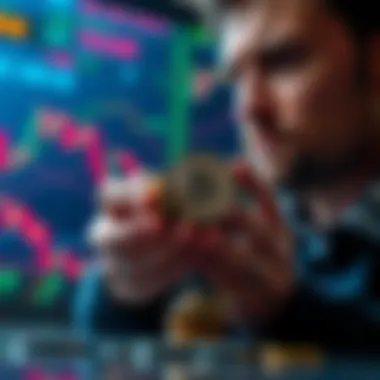 A person holding coins with a focused expression, surrounded by fluctuating market charts on a screen in the background.