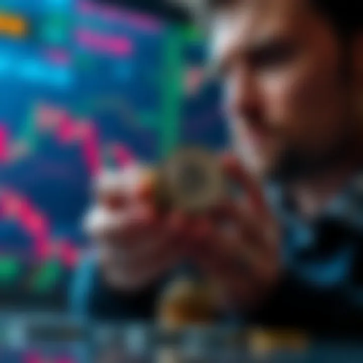 A person holding coins with a focused expression, surrounded by fluctuating market charts on a screen in the background.