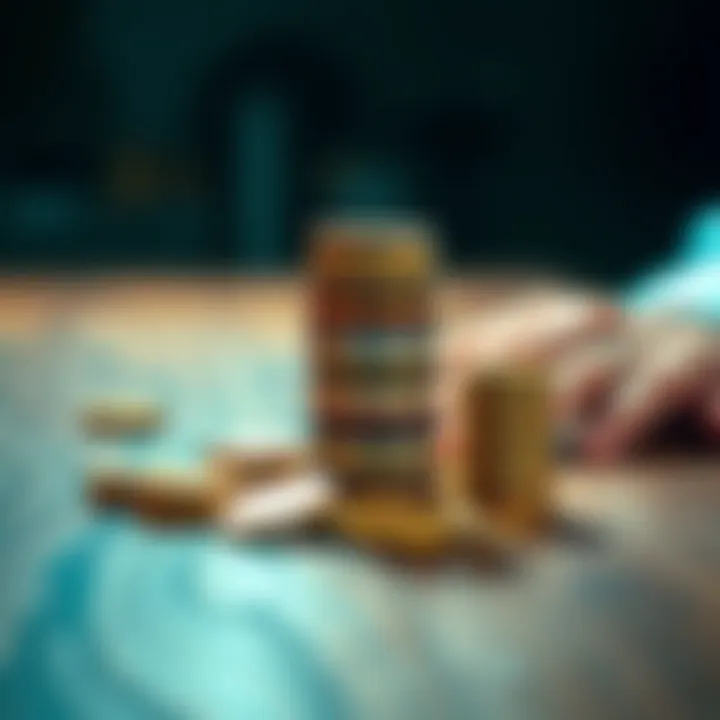 A person stacking coins on a wooden table, showing different coin types and investment strategies, with a focus on growth and finance.
