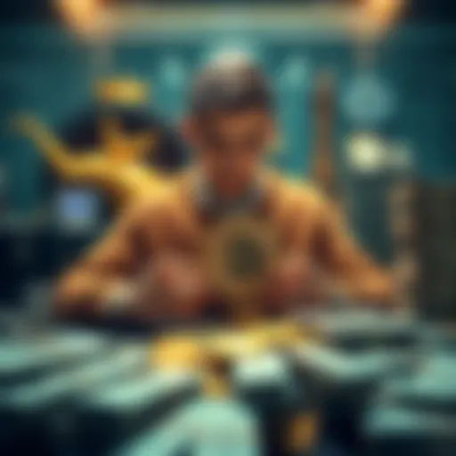 An individual counting Bitcoin Satoshis while surrounded by luxury items and stacks of cash, symbolizing a path to billionaire status through Bitcoin accumulation.