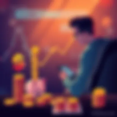 A person sitting at a computer, analyzing cryptocurrency trends while stacking coins labeled 'sats' into a piggy bank, symbolizing wealth growth in Bitcoin.