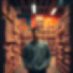 A person stands in front of multiple stacks of identical items, considering a large purchase, with a thoughtful expression.