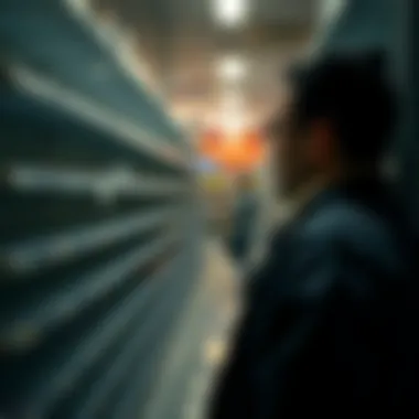 Stagnant Economy A person looking at empty store shelves with a worried expression, reflecting economic frustration.