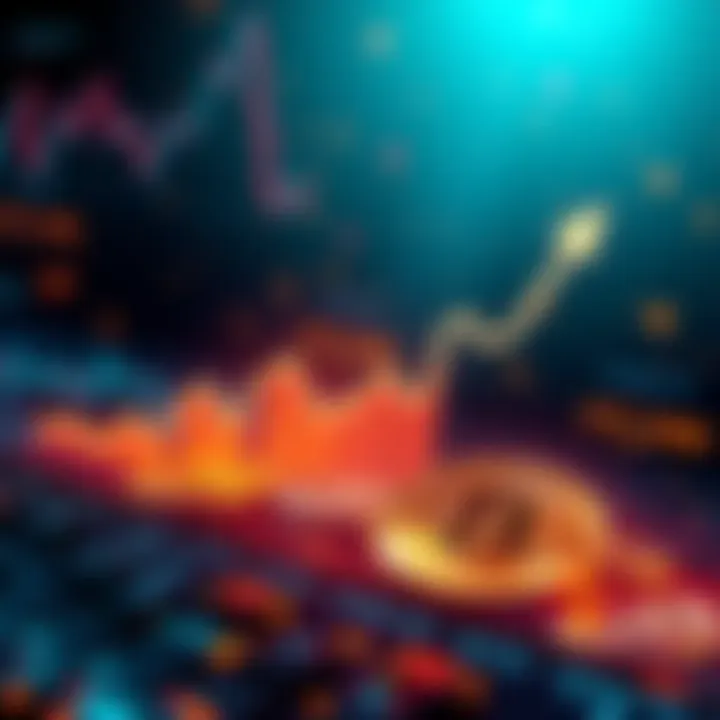 Visualizing Staking Potential in Crypto A graph illustrating staking strategies against market volatility, featuring upward and downward trends with symbols of cryptocurrencies.