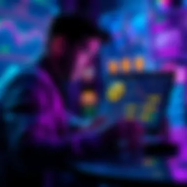 A person analyzing cryptocurrencies on a laptop, with charts and digital coins displayed, focusing on SOL staking options.