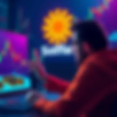 A person analyzing cryptocurrency charts with Solflare's logo in the background and a visual of SOL tokens, representing investment options.