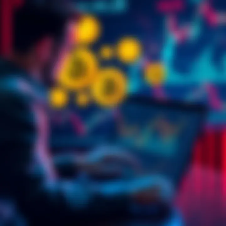 A person analyzing Bitcoin graphs on a laptop, with Bitcoin symbols and coins in the background, representing staking strategies.
