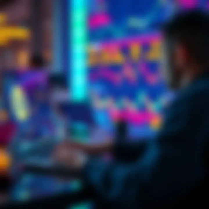 A person analyzing cryptocurrency prices on a laptop, contemplating staking decisions, with graphics of Solana and other coins on the screen.