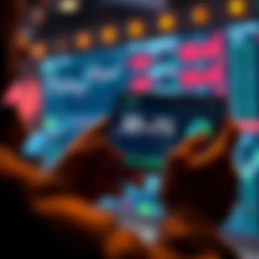 Staking Options A person using a smartphone to explore staking options for a 10% return over four years, with graphs and charts visible on the screen.
