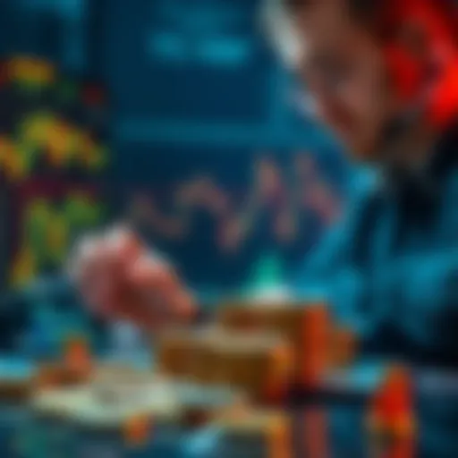 A person analyzing charts and coins representing staking for investment