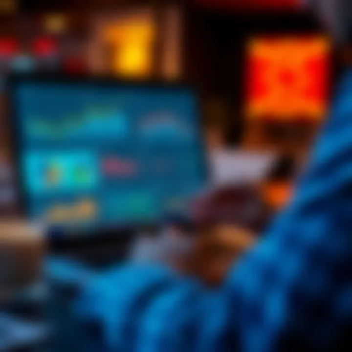 A person analyzing staking rewards on a laptop with graphs and charts displayed, considering investment options.