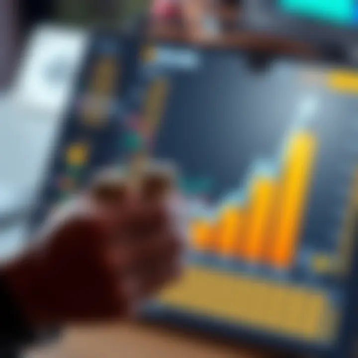 A person holding a small stack of Solana coins, looking at a chart showing gradual investment growth, with a digital wallet in the background.