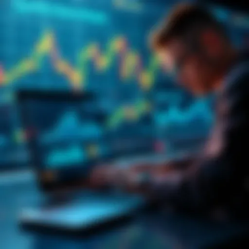 Staking Stablecoins for Income A person analyzing stablecoin options on a laptop with financial charts and graphs in the background, symbolizing income generation during a bear market.