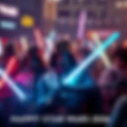 Fans dressed as Star Wars characters celebrating May the Fourth with lightsabers and banners
