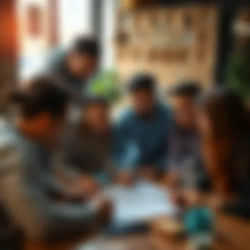 A group of diverse people discussing a startup plan with a laptop and notes on a table, focusing on budget allocation and strategy.