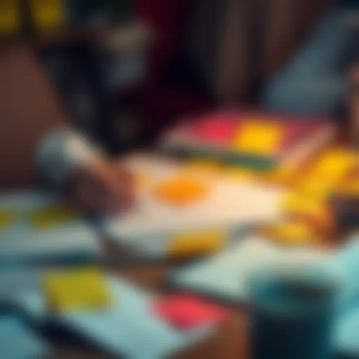 A person taking notes and organizing tasks at a desk, surrounded by reminders and sticky notes to stay focused.