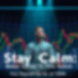 A person meditating with a calm expression, surrounded by fluctuating stock charts, symbolizing market ups and downs.