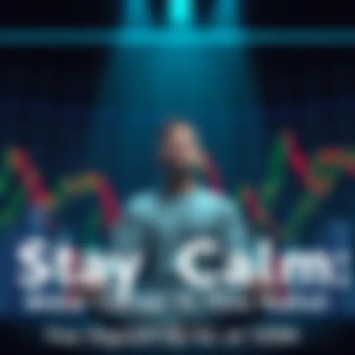 A person meditating with a calm expression, surrounded by fluctuating stock charts, symbolizing market ups and downs.
