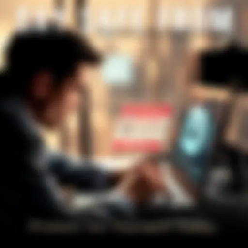 A person looking at a laptop with a warning sign about scams and fraud on the screen