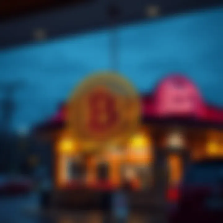 Steak 'n Shake Restaurant with Bitcoin Symbol A Steak 'n Shake restaurant showcasing a Bitcoin payment symbol in the window, indicating their adoption of Bitcoin for transactions.