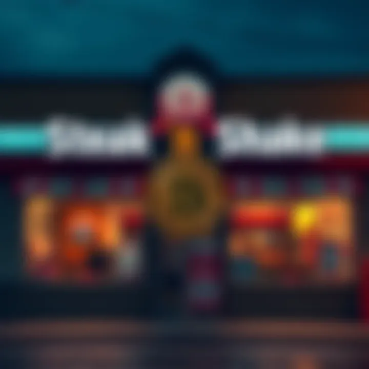 A Steak 'n Shake restaurant storefront with a Bitcoin symbol prominently displayed, showcasing the chain's new pay structure that includes Bitcoin compensation.