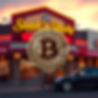 A Steak ‘n Shake restaurant exterior with a Bitcoin logo overlay, symbolizing potential savings and financial upgrades.