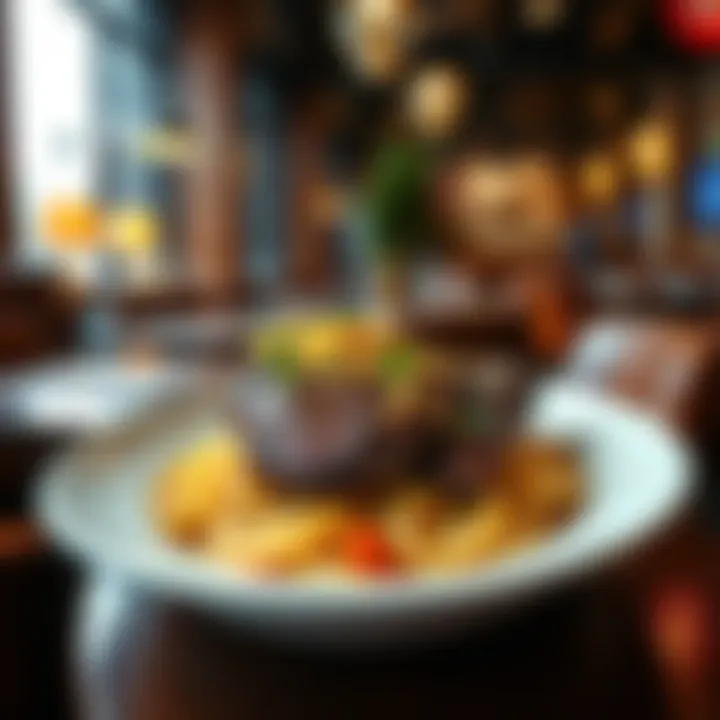 A plate of steak and spaghetti with garnishing, showcasing the $8 meal in a cozy restaurant setting