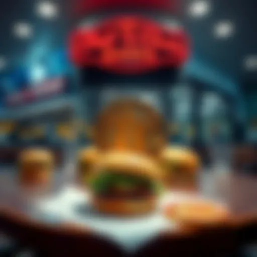 Steak n Shake Bitcoin Promotion A Steak n Shake restaurant with a Bitcoin sign and burgers on a table, highlighting the restaurant's claim of increased sales due to Bitcoin payments.