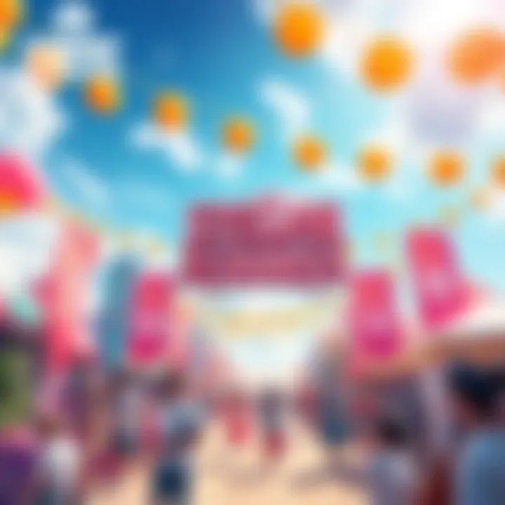 Colorful scene showcasing a summer festival with decorations, people enjoying activities, and rewards banners, representing the excitement of the Stellar Summer Rewards Second Encore.